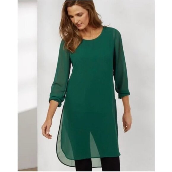 Soft Surroundings ‘Relaxed Elegance’ Green‎ Chiffon Long Tunic Top Size S Blouse - Picture 1 of 8